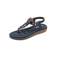 zoerea femmes eté sandales plates casual t-strap strass bohême tongs elegant confort plat chaussures de plage vacances (Étiquette 40=39 eu, bleu foncé)
