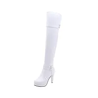 lovouo mode botte haute femme cuissarde talon aiguille haut plateforme avec boucle stiletto thigh high heels boots sangle chaussure fermeture eclair hiver(blanc,37)