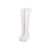 lovouo mode botte cuissarde femme haute plateforme talon aiguille haut à lacet sexy stiletto thigh high heels boots chaussure fermeture eclair hiver(blanc,36)