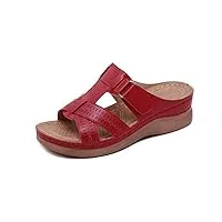 ytredf sandales compensées cuir femme confortable mules femme compensees chaussons, sandale plateforme eté, anti-dérapant, confortables, respirant,rouge,35