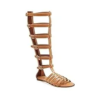 39 beige emmanuela anciens sandales en cuir gladiateurs à la main en cuir, genou haut avec fermeture à glissière arrière sur la tige, chaussures d'été à plat avec des bretelles pour femmes