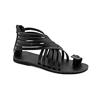 38 noir emmanuela sandales en cuir gladiator avec fermeture à glissière, chaussures d'été à la main grecque de haute qualité, sandales plates à anneau de pointe, sandales boho chics