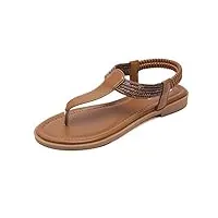 zoerea femmes eté sandales plates casual t-strap strass bohême tongs elegant confort plat chaussures de plage vacances marron,39 eu