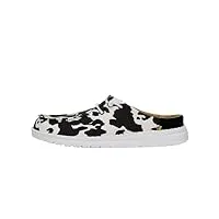 hey dude wendy slip classic – chaussures pour femme – mocassins confortables et légers, imprimé vache blanc/noir, 42 eu