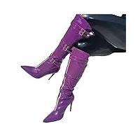 qunine cuissardes pour femmes, cuissardes pointues, talons hauts, boucle de ceinture, peinture en cuir, bottes longues de soirée, violet-43 (violet 45 eu)