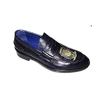 chaussures homme, mocassin classique en cuir patiné bleu avec broderie personnalisée, bleu foncé, 8 uk uomo