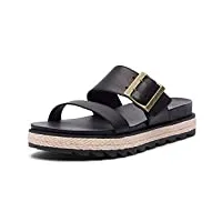 sorel - women’s roaming buckle slide, leather sandal with buckle and stretch strap, jute black, 7.5 m us