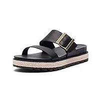 sorel - women’s roaming buckle slide, leather sandal with buckle and stretch strap, jute black, 6 m us