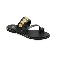 38 noir emmanuela sandales en cuir plat confortable avec des pièces de monnaie en métal, des sandales d'étain antiques de haute qualité, des bretelles chaussures d'été, sandales sliders boho chic