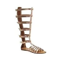 39 or rose emmanuela anciens sandales en cuir gladiateurs à la main en cuir, genou haut avec fermeture à glissière arrière sur la tige, chaussures d'été à plat avec des bretelles pour femmes