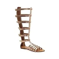 36 or rose emmanuela anciens sandales en cuir gladiateurs à la main en cuir, genou haut avec fermeture à glissière arrière sur la tige, chaussures d'été à plat avec des bretelles pour femmes
