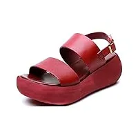ytredf chaussures de ville Été compensées à talons compensés femmes cuir casual respirant bateau chaussures pour ville jardin plage,rouge,37eu