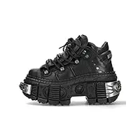 new rock chaussures unisexes semelle tank avec lacets couleur noir cuir/unisexe black boots leather shoelaces m.wall106-s10, noir , 37 eu