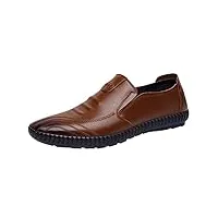 iqyu chaussures bateau souples en cuir de style classique pour homme à enfiler en polyuréthane avec semelle basse en caoutchouc et talon bloc pompon chaussures pour homme 44, marron, 43 eu