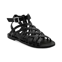 37 noir emmanuela sandales gladiateur en cuir grec avec boucle réglable, chaussures d'été faites à la main de qualité, sandales plates boho chic sandals