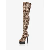bottes sexy pour femmes bout rond glissière imprimé léopard talon aiguille cuissardes