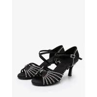 chaussures de danse latine en polyester noir à bout rond avec strass