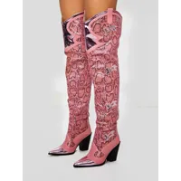 bottes occidentales pour femmes motif serpent bout pointu au-dessus du genou bottes en cuir à talons épais cuissardes hautes